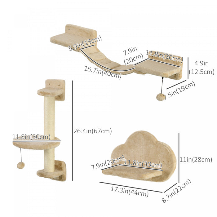 Pawhut Etageres Pour Chat Avec Griffoir, Plateforme De Saut En Forme De Nuage, Etageres Murales Pour Chat Pour Se Detendre, Dormir, Grimper, Mur Pour Chat Avec Echelle Souple Et Balles De Jeu, Beige