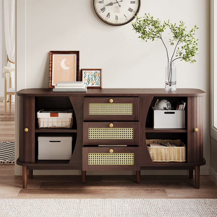 James 55.3\" Cabinet Moderne Minimaliste en Bois avec Portes Coulissantes et Etageres Ajustables, Marron Fonce