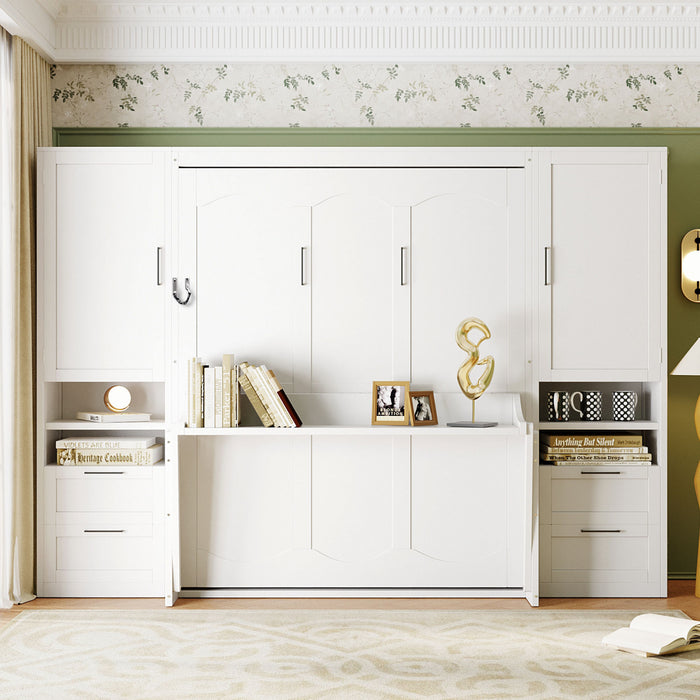 Maria Lit escamotable Murphy avec tiroirs et etageres, Taille Queen, Blanc
