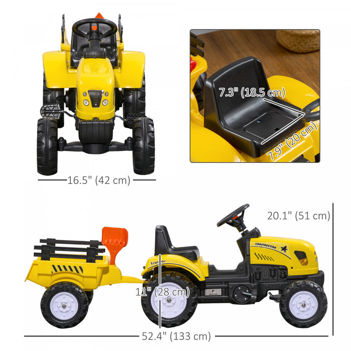 Aosom Tracteur Pour Enfants, Pedale Manuelle, Voiture Avec Remorque De Rangement Arriere, Pelle Et Rateau, Klaxon Pour 3 Ans, Jaune