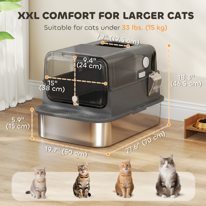 PawHut Bac a litiere XXL en acier inoxydable avec couvercle pour grands chats, noir