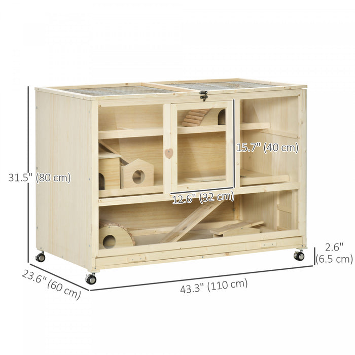 Pawhut Cage A Hamster En Bois, Cage A Rats A 3 Niveaux Avec Toit Ouvrant, Echelles, Roues, Plateau, Pour Hamsters, Rats, Maison De Jeu D'exercice Pour Petits Animaux, Bois Naturel