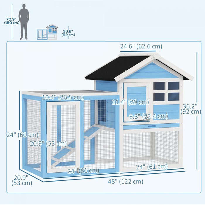 Pawhut Clapier A Lapin En Bois De 48\" Avec Toit En Asphalte Impermeable, Enclos Exterieur Amusant, Plateau Et Rampe Amovibles, Bleu Clair