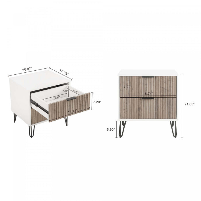 Table de nuit moderne Dumbo 20\" a cannelures, gris rustique et blanc (2 tiroirs)