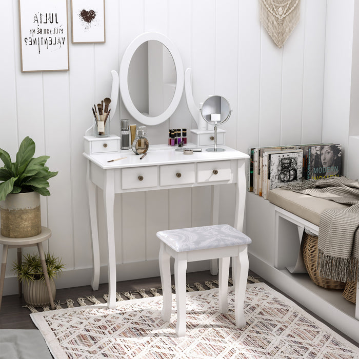 HOMCOM Ensemble coiffeuse en bois, coiffeuse avec miroir rotatif a 360°