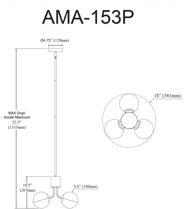 Luminaire suspendu Amanda de Dainolite en verre blanc opale, avec laiton vieilli et 3 ampoules