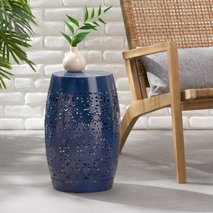 Table D’appoint Interieure Phoenix En Fer De Forme Tonneau 12\", Avec Motif Ajoure, Bleu Marine