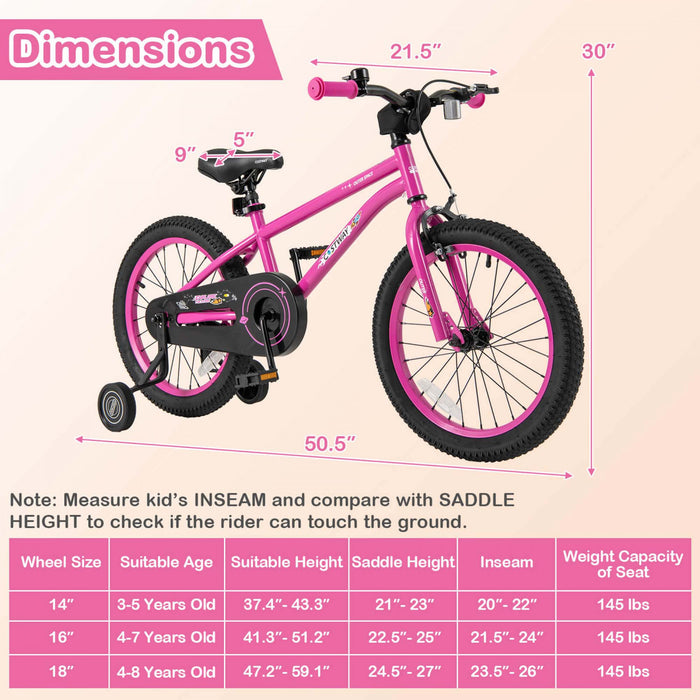 Velo Costway 18 Pouces Pour Enfants De 4 A 8 Ans Avec Selle Reglable Et Guidon Antiderapant Rose