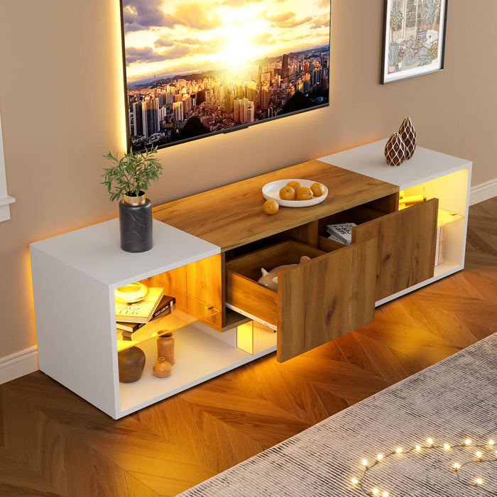 Lucas meuble TV moderne pour televiseurs jusqu’a 70 pouces – meuble avec tiroirs de rangement et eclairage LED, blanc