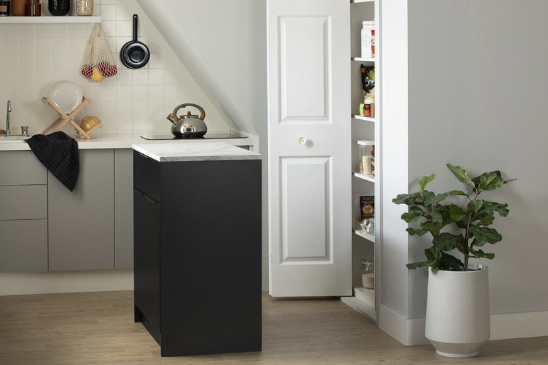 Îlot de cuisine compact Olio avec rangement - noir mat et imitation de marbre blanc