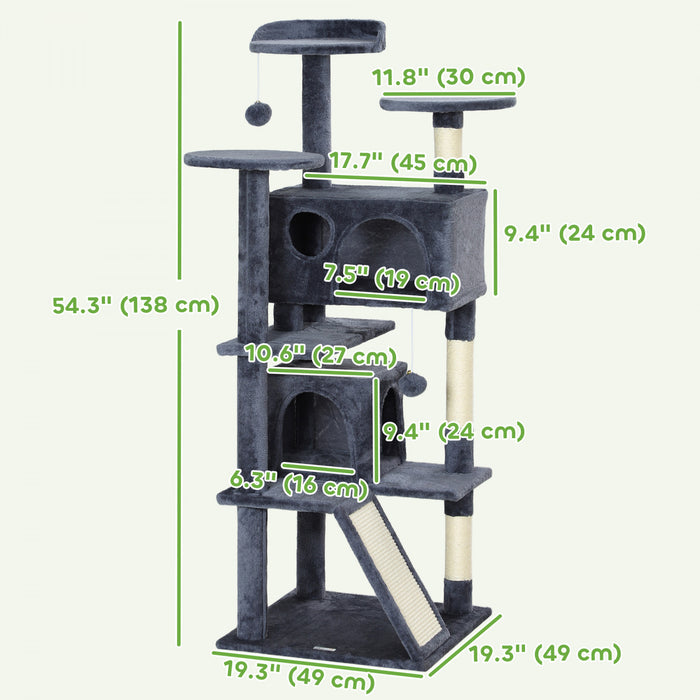 Pawhut Arbre A Chat De 54\" Tour A Chat Pour Chats D'interieur Avec Griffoirs, Condos Pour Chats, Lit, Plates-formes, Rampe, Balle Jouet, Centre D'activites Pour Chat, Gris Fonce