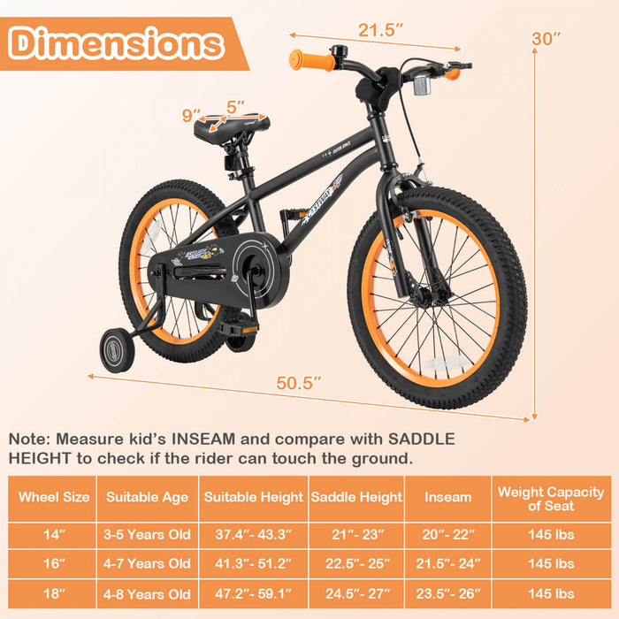 Velo Costway 18 Pouces Pour Enfants De 4 A 8 Ans Avec Selle Reglable Et Guidon Antiderapant Noir