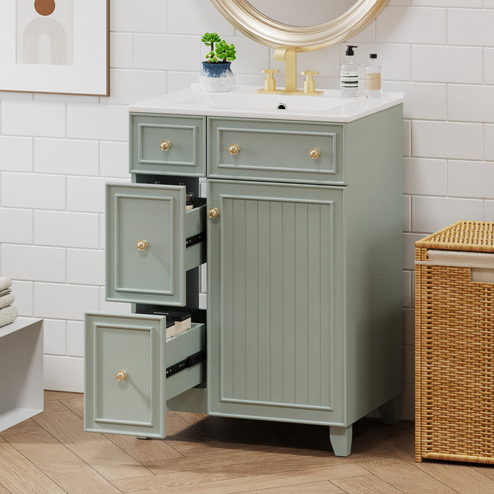 Jonas Meuble-lavabo De Salle De Bain 24\" En Bois Massif Avec Tiroirs Et Porte De Rangement - Vert