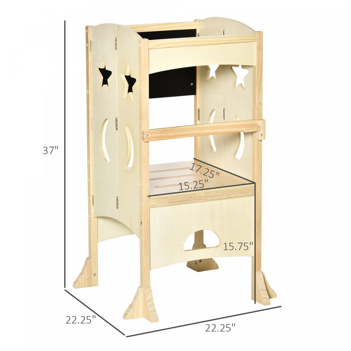 Qaba Marchepied Pliable Pour Tout-petit Tabouret De Cuisine Avec Tableau Noir Main Courante Verrouillable Pour 3-6 Ans Beige