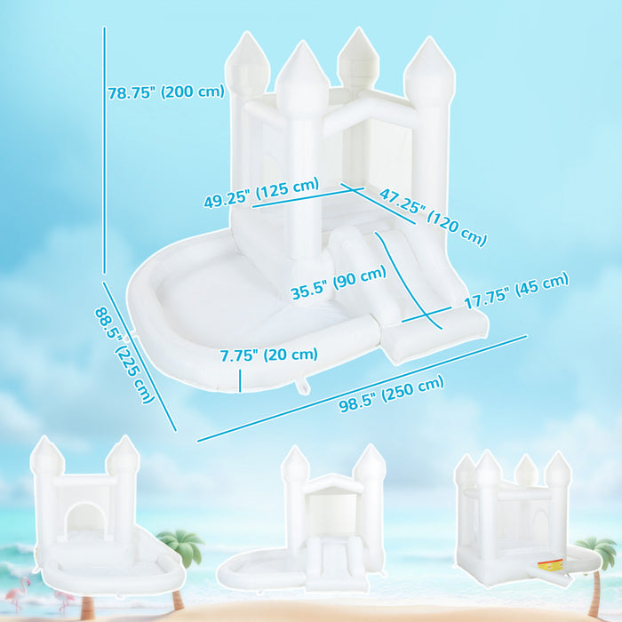 Chateau gonflable Qaba tout blanc avec toboggan et piscine a balles, blanc