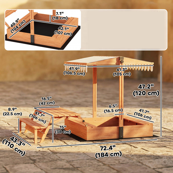 Qaba Bac a Sable en Bois pour Enfants avec Auvent, Table de Pique-Nique Pliable, Bancs