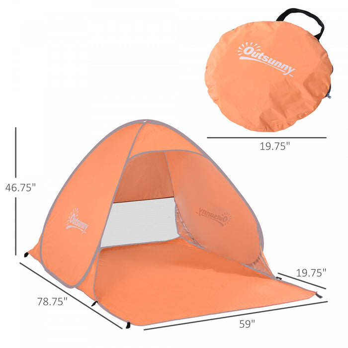 Abri De Plage Tente De Plage Pliable Pop-up Automatique Instantane Protection Uv Fenetre Arriere Grand Tapis De Sol Orange
