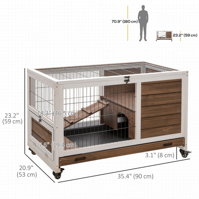 Pawhut Cage D'interieur En Bois Pour Lapins Habitat De Cage Sureleve Avec Bac Anti-fuite, Parcours Ferme Avec Roues, Ideal Pour Les Lapins Et Les Cochons D'inde, Marron