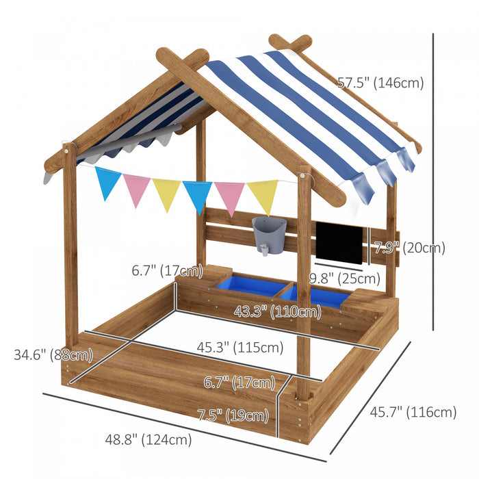 Bac A Sable Exterieur Avec Couvercle Resistant Aux Intemperies, Doublure, Tableau Noir, Jouets, Siege, Drapeaux, Design De Maison, Jeu Pour Enfants De 3 A 7 Ans, Arriere-cour, Marron