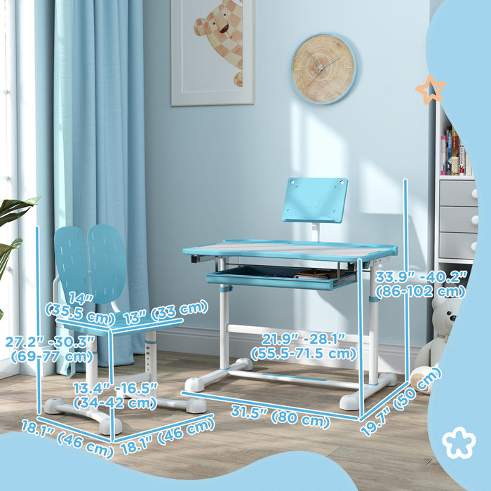 Qaba Ensemble Bureau Et Chaises Pour Enfants, Table D'etude Et Chaises Reglables En Hauteur Avec Bureau Inclinable, Grand Tableau D'ecriture, Support De Livre Pour 3 A 12 Ans, Bleu
