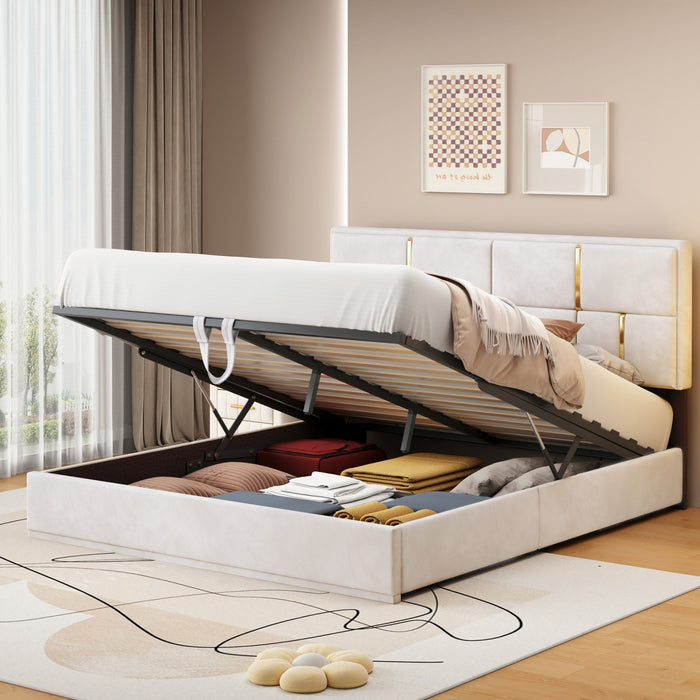 Lit Plateforme Joyce Tapisse Avec Rangement Hydraulique Et Cadre En Velours, Taille Queen, Beige