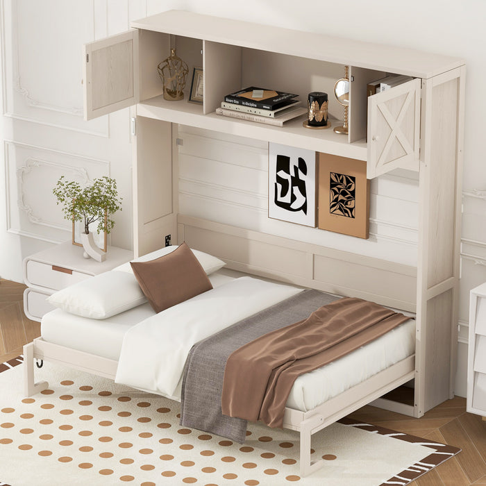 Lit escamotable Ethan en bois massif avec armoires de rangement, taille full, beige