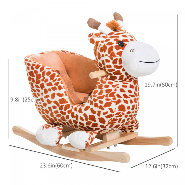 Qaba Chaise De Cheval A Bascule En Bois Pour Enfants En Peluche Pour Tout-petits Avec Ceinture Sonore Et De Securite, Theme Girafe