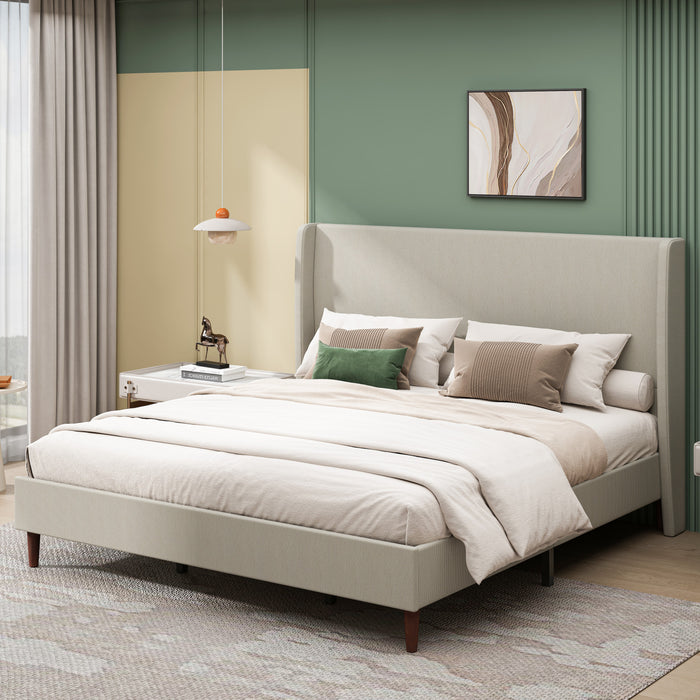 Cadre de lit King Harper rembourre avec tete de lit haute, en tissu lin, beige