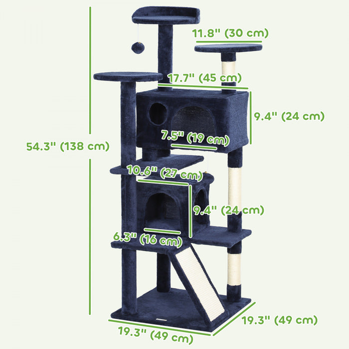 Pawhut Arbre A Chat De 54\" Tour A Chat Pour Chats D'interieur Avec Griffoirs, Condos Pour Chats, Lit, Plates-formes, Rampe, Balle Jouet, Centre D'activites Pour Chat, Bleu Fonce