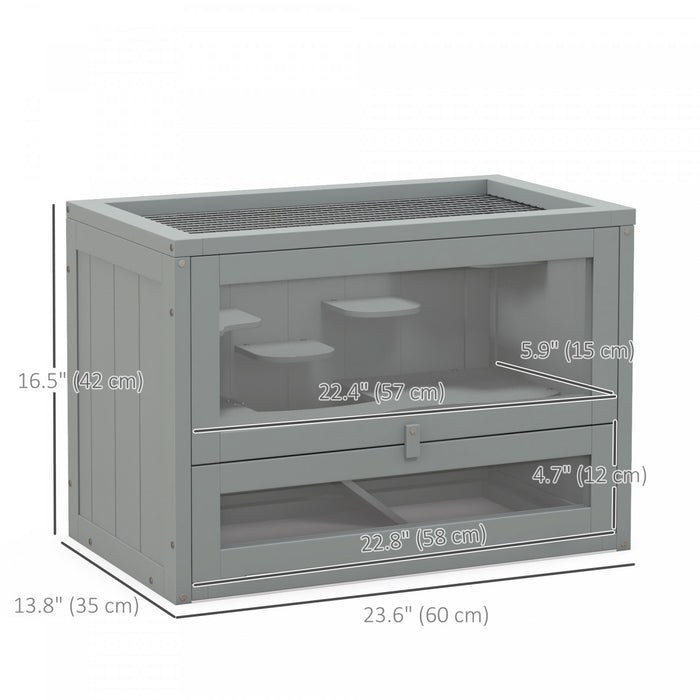 Pawhut Cage Pour Hamsters De 24\", Cage Pour Petits Animaux A 2 Niveaux Avec Toit Ouvrant, Espace D'enclos, Plates-formes, Niche Pour Hamsters Nains, Gerbilles, Chinchillas, Gris