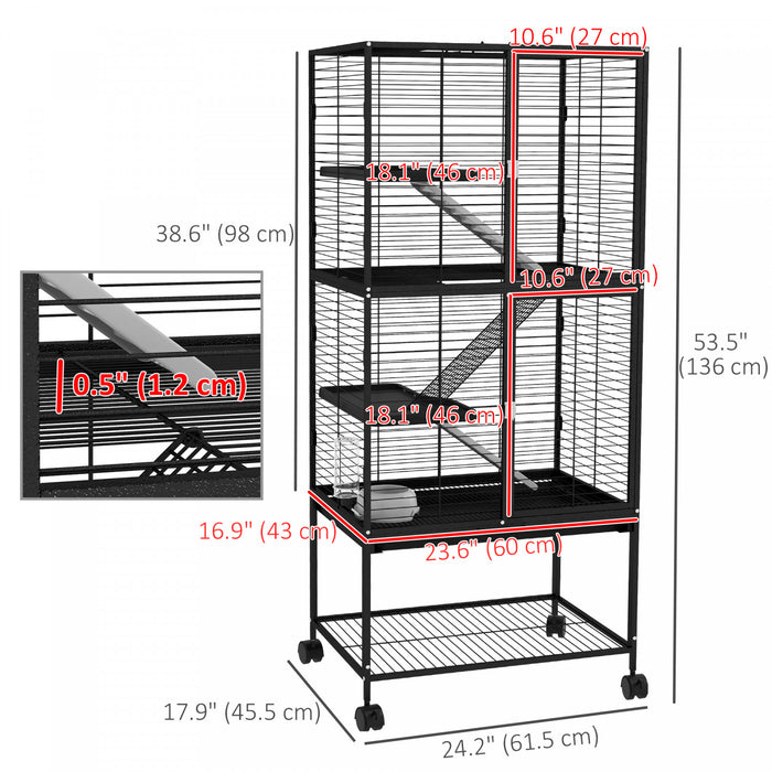 Pawhut Cage A Furet Roulant 53,5 Po De Hauteur Pour Petits Animaux, Cage A 4 Niveaux Pour Chinchillas, Avec Plateau Amovible, Etagere De Rangement, 3 Portes, Bol, Bouteille D'eau, Rampes, Noir