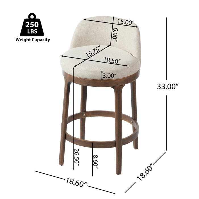 Amelia – Lot de 2 tabourets de bar de hauteur comptoir ergonomiques en bois d’hevea avec revetement en tissu, finition noyer