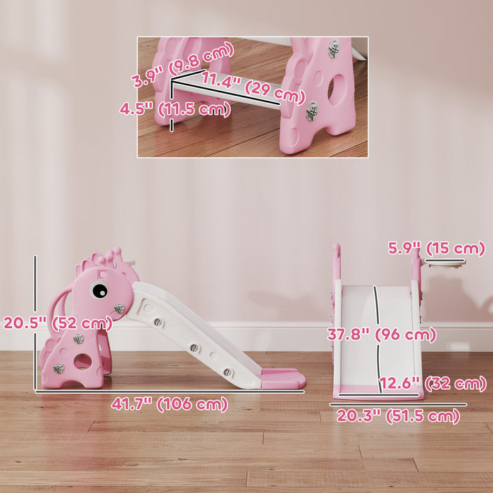 Qaba Toboggan pour tout-petits, toboggan 3 en 1 pour enfants de 1 a 3 ans avec grimpeur, panier de basket et ballon, aire de jeu pour bebe avec motif girafe, rose