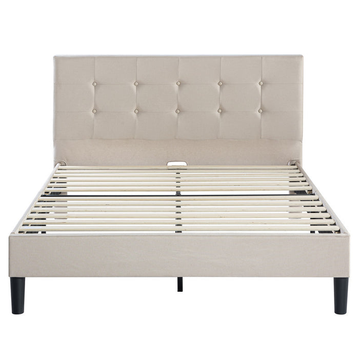 Ibidun lit plateforme rembourré avec tête de lit beige - Très grand