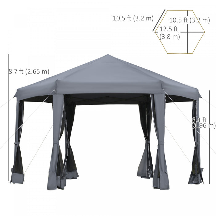 Outsunny 13' X 11' Heavy Duty Pop Up Canopy Avec Forme Hexagonale, Filet Lateral A 6 Mailles, Hauteur Reglable A 3 Niveaux Et Armature En Acier Solide, Gris