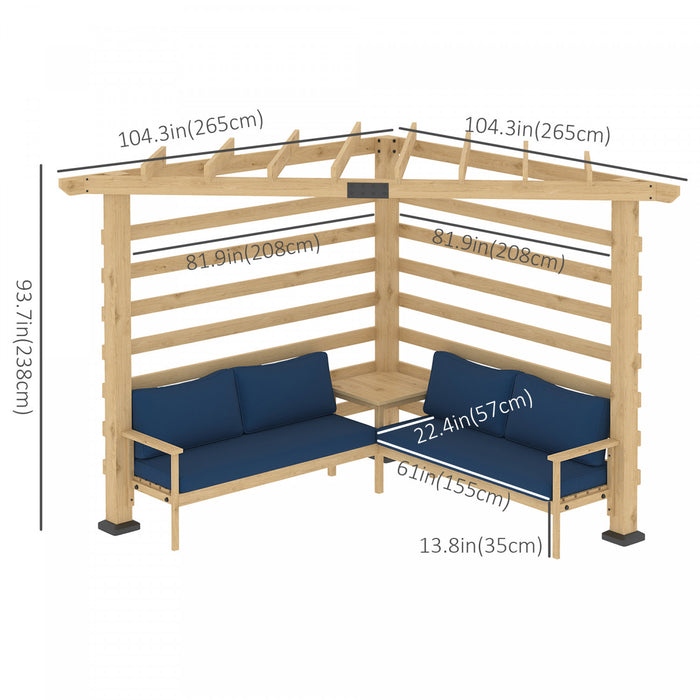 Outsunny Pergola D'angle 8.7' X 8.7' Avec Ensemble De Conversation Et Coussins, Pergola D'exterieur En Bois De Sapin Avec Table D'appoint Pour Jardin, Terrasse, Naturel Et Bleu