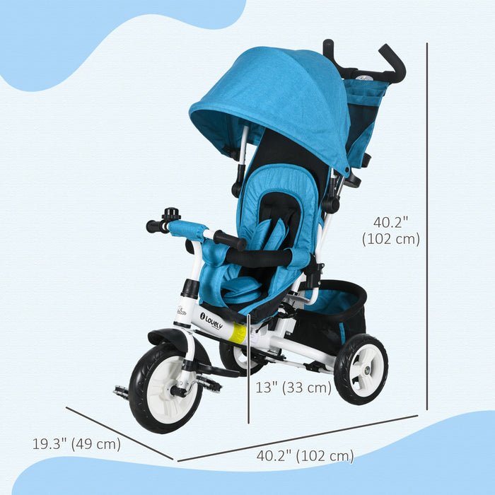 Qaba Tricycle 4 En 1 Pour Tout-petits, Tricycle Pour Enfants Avec Auvent Pliable, Poignee Et Housse Amovibles, Panier De Rangement, Ceinture De Securite A 5 Points, Pour Enfant De 1 A 5 Ans, Bleu