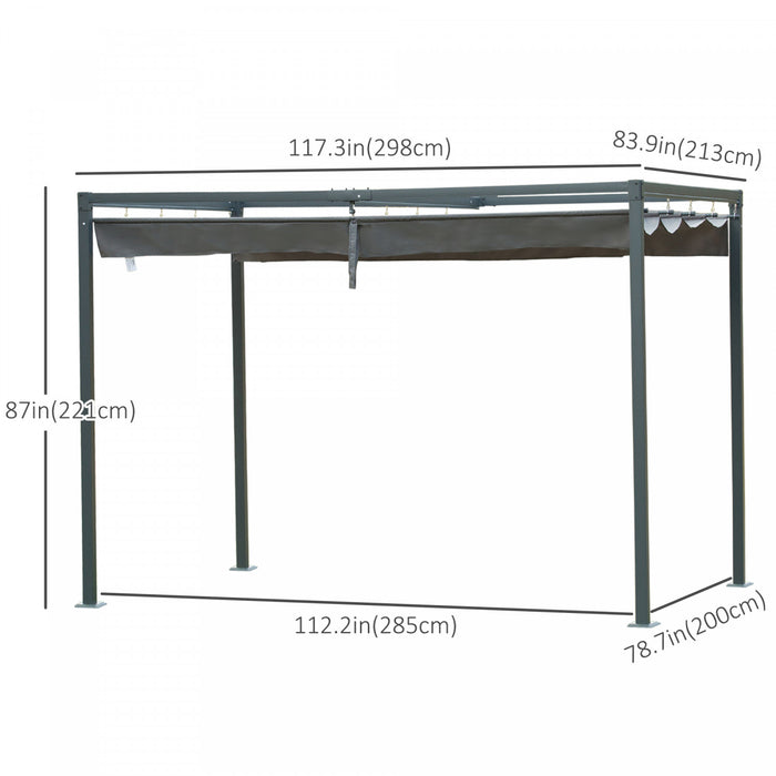 Outsunny 10x7 Pi Cadre En Metal Pergola Gazebo Avec Auvent Retractable Patio Exterieur Abri Soleil Jardin Raisin Tente Resistant A L'eau, Ombre De Jardin, Gris