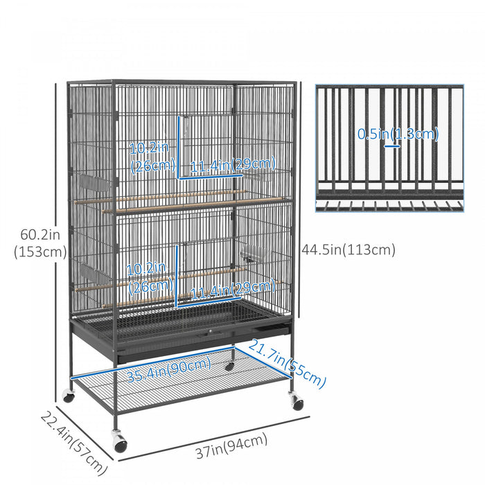 Pawhut Cage A Oiseaux 60\" Avec Support Pour Calopsittes Canaris Inseparables Pinsons, Cage A Perruches Avec Roues, Plateau Amovible, Etagere De Rangement