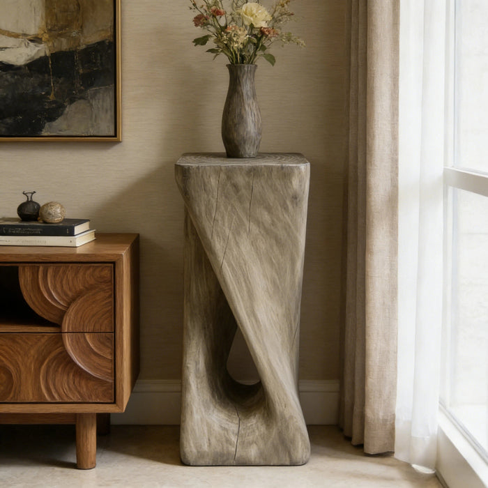 Table d'appoint carree torsadee Cade 26,80 pouces MGO, table laterale interieure a grain de bois naturel unique, gris