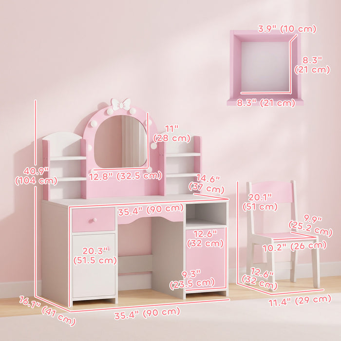 Qaba Coiffeuse Enfant avec Miroir Nœud Lumineux, Tabouret, Placard et Tiroir, Rose