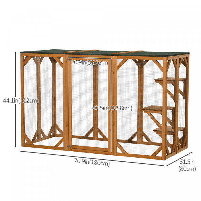 Pawhut Maison D'exterieur En Bois Pour Chat Cage Interieure Avec Toit En Asphalte, Plateformes A Plusieurs Niveaux Et Grande Porte D'entree - 71\"l, Orange