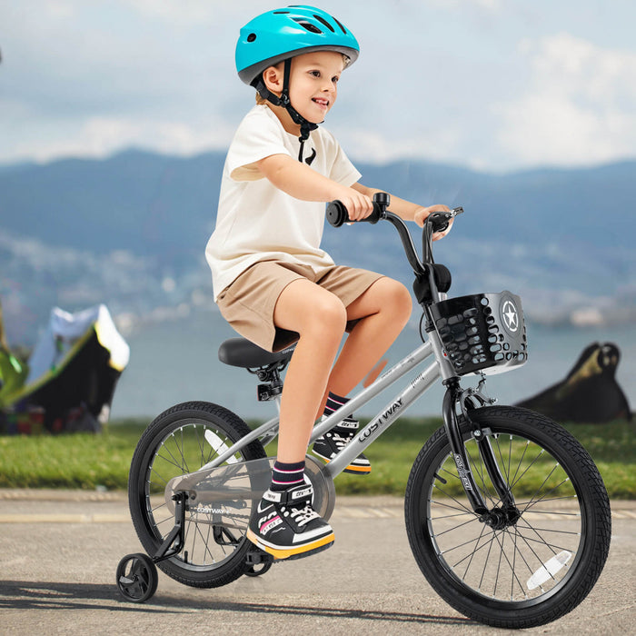 Velo Costway 18\" Pour Enfants Avec Roues D'entrainement Guidon Reglable Et Sliver De Frein A Main Du Siege