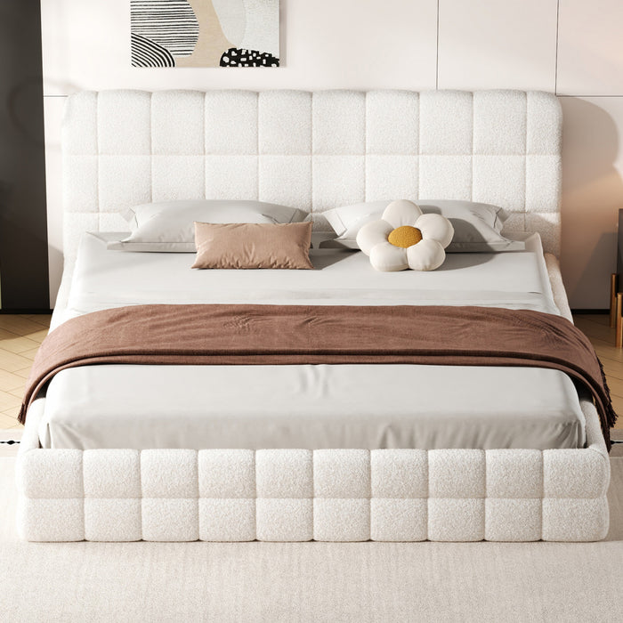 Lit plateforme moderne Emma rembourre avec structure en bois massif confortable, taille king, blanc
