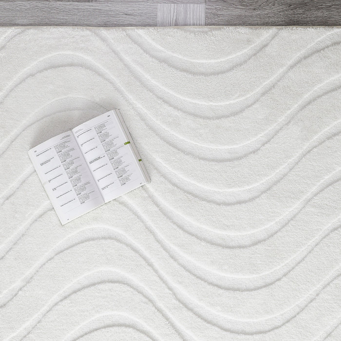 Tapis Lavable A Poils Longs Motif Vagues Blanc Perle 5'x7'