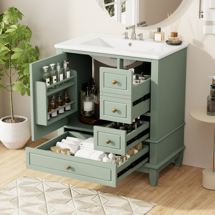 Emma Meuble-lavabo en bois massif de 30\" avec vasque en ceramique et porte a fermeture douce, Vert
