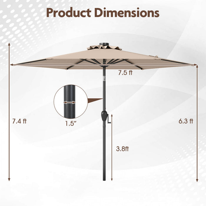 Parasol solaire Costway 7,5 ft avec lumieres LED, inclinaison par bouton-poussoir, manivelle, marron