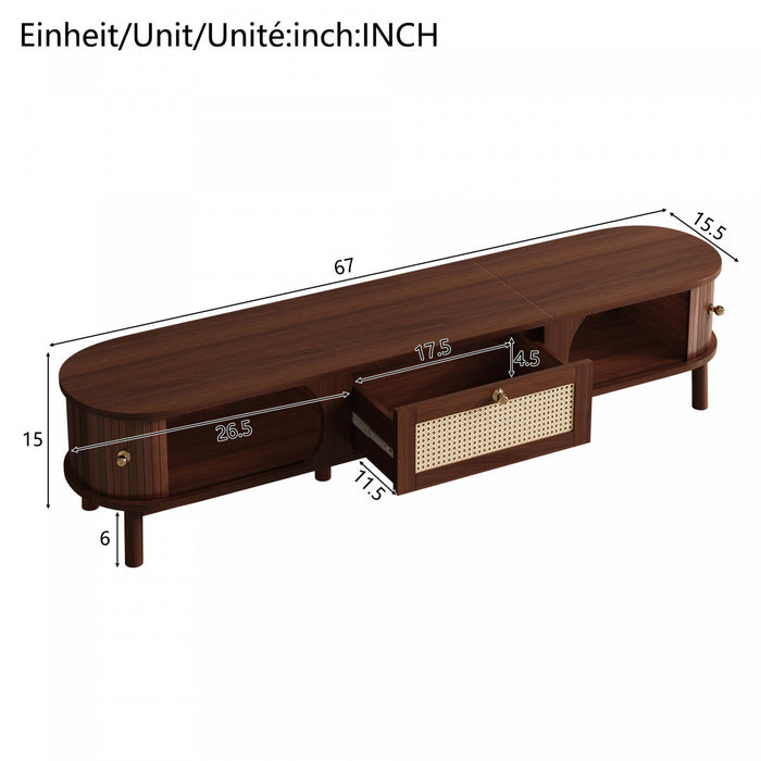 Rustic Meuble TV 67 po avec Portes Coulissantes en Rotin et Tiroirs, Bois