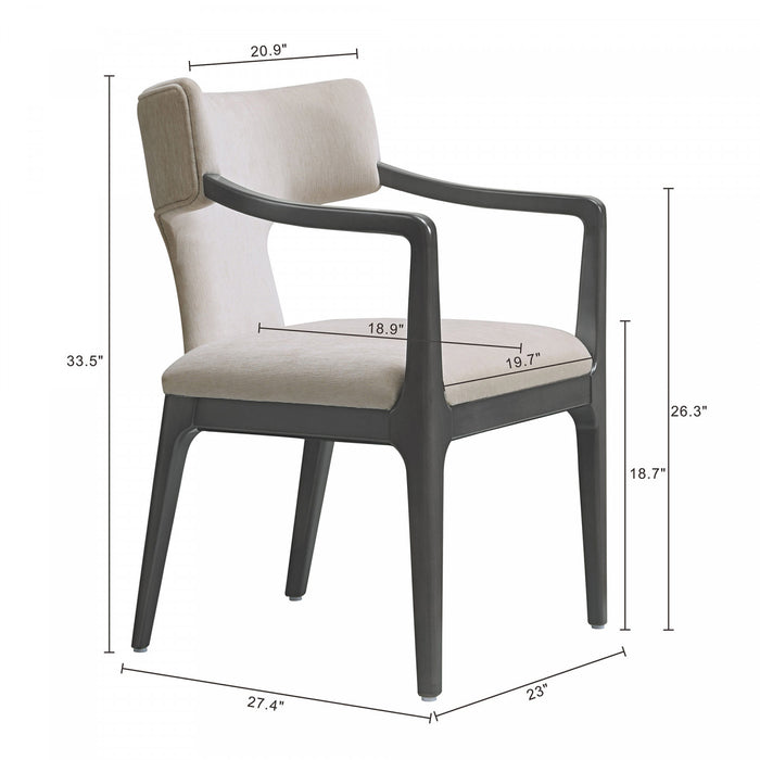 Fauteuil Eloria style moderne du milieu du siecle en bois et en chenille, coloris taupe