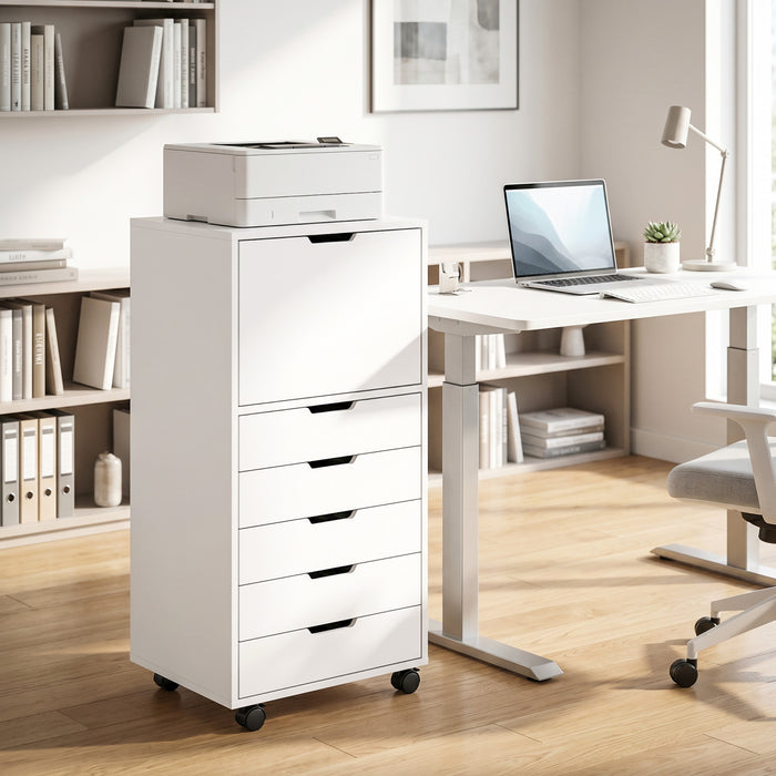 HOMCOM Classeur vertical 5 tiroirs avec roulettes verrouillables Blanc